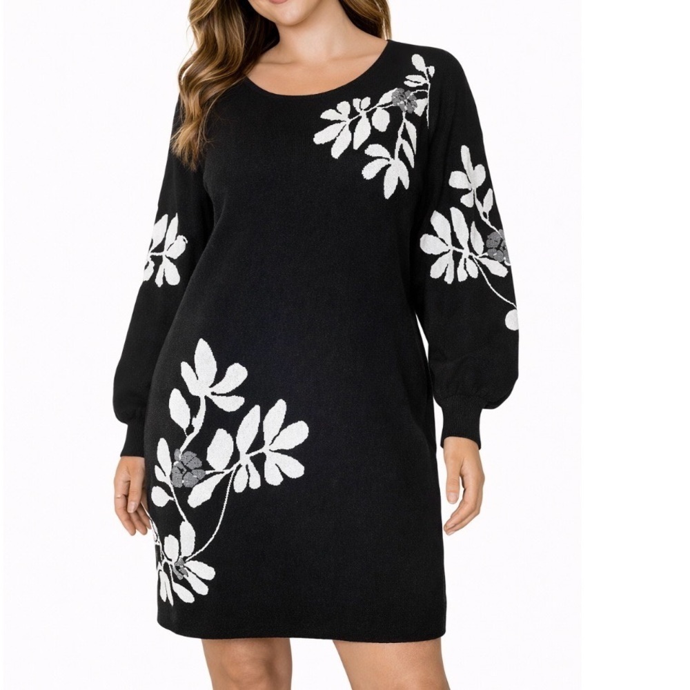 Women's Nina Leonard Floral Balloon-Sleeve Sweater Dress black white SZ MD